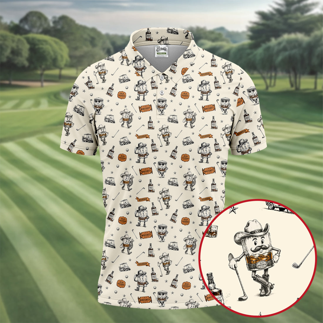Vintage Bourbon Whiskey Golf Pattern Polo Shirt, Golf Polo Shirts For Men, Mens Golf Apparel