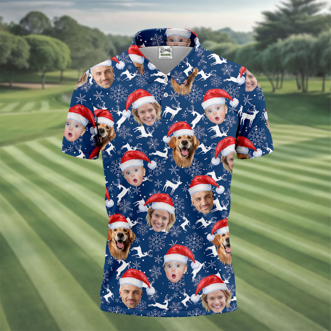 Custom Face Reindeer Pattern Navy Golf Shirt, Christmas Golf Shirt, Polo Shirts For Men, Golf Gift For Men