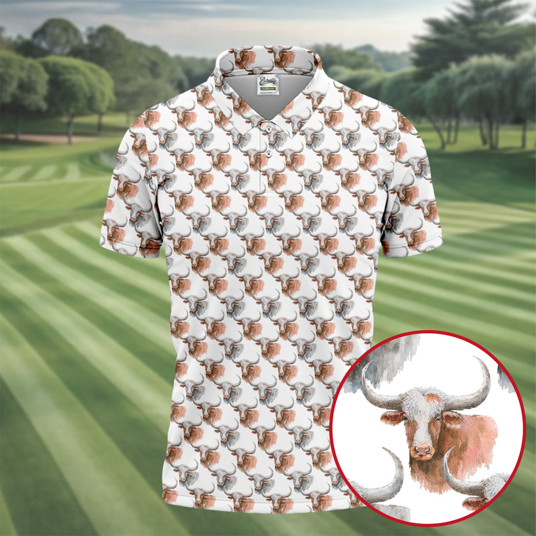 Longhorn Watercolor Pattern Golf Polo Shirt, Golf Apparel For Men, Hawaiian Golf Shirt