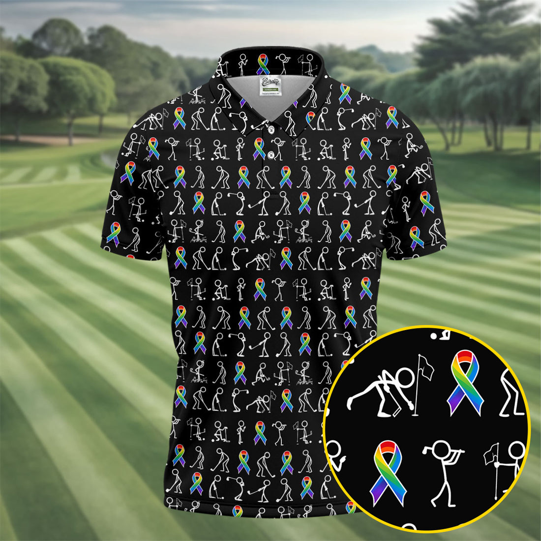 Rainbow Cancer Ribbon Stick Figure Golf Pattern Shirt, Printed Golf Shirts, Polo Shirts For Men