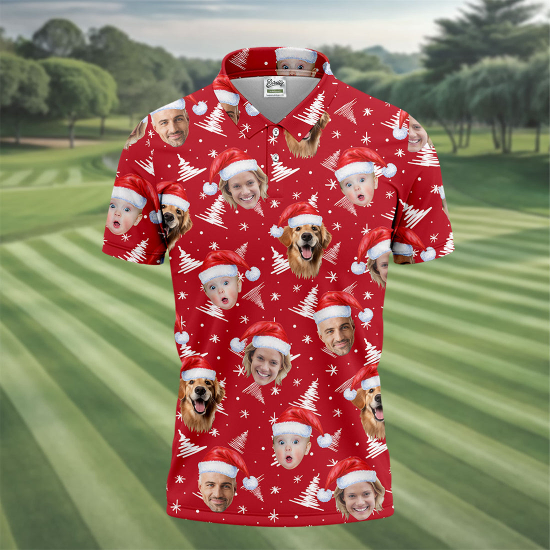 Custom Face Snow Pine Tree Red Golf Shirt, Christmas Golf Shirt, Golf Shirts For Men, Golf Gift For Men