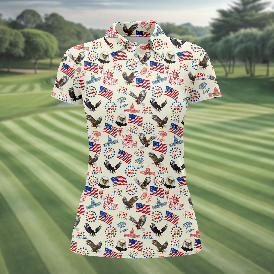 250 Years American Symbol Patriotic Pattern Beige Golf Shirt, 4th Of July Golf Shirt, Golf Shirt For Women