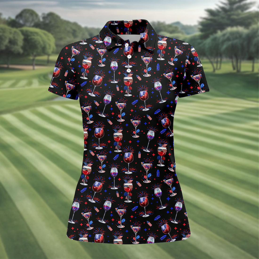 Wine And Martini American Flag Pattern Patriotic 4th Of July Black Golf Shirt, 250th Anniversary Women's Golf Tops