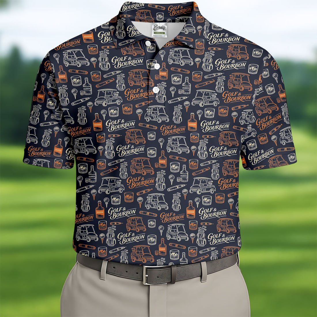 Funny Golf Bourbon Cigar Pattern Polo Shirt, Golf Polo Shirts For Men, Mens Golf Apparel