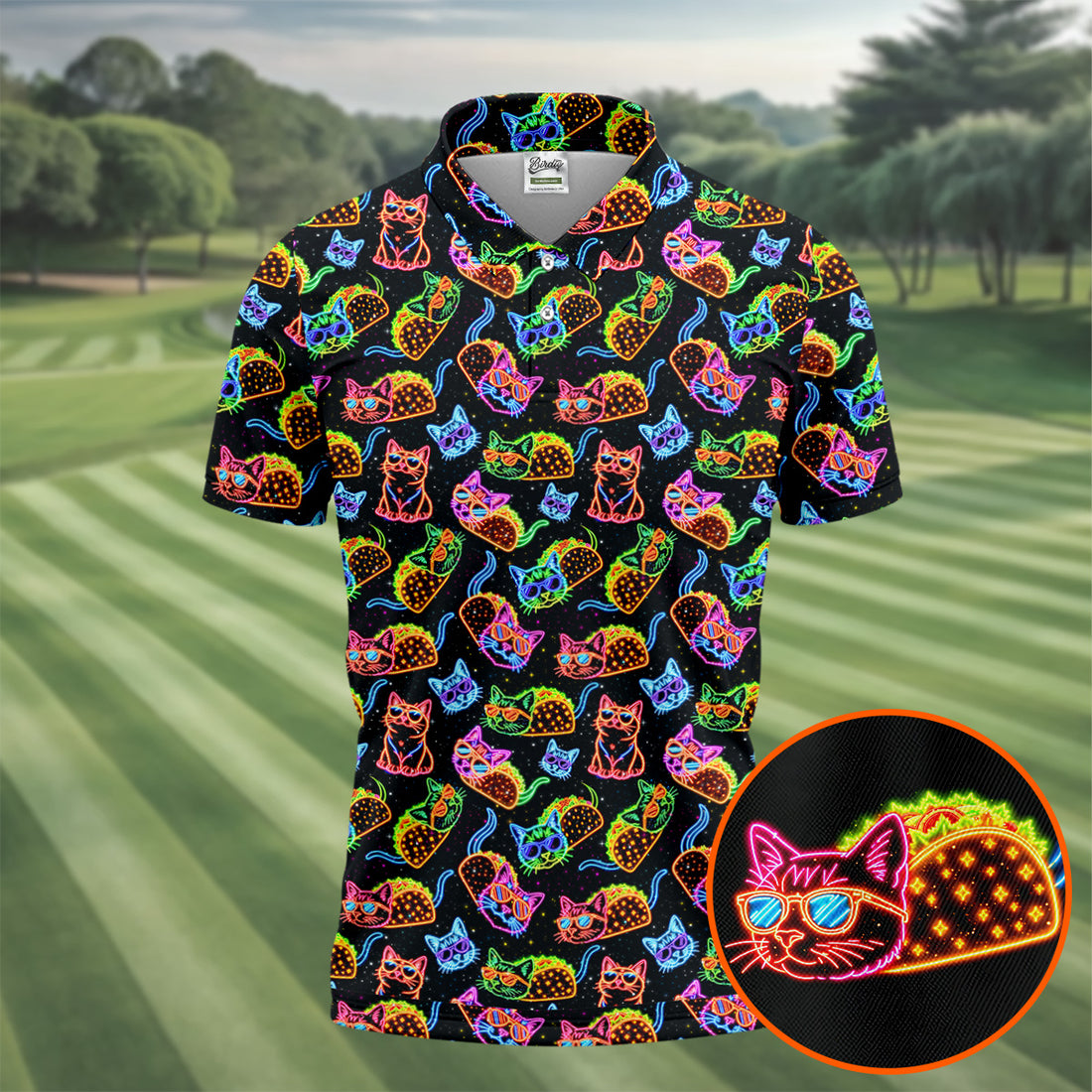 Neon Cats Tropical Vibe Golf Tops For Men, Cute Golf Outfit, Golf Shirts For Men, Polo Shirts For Men
