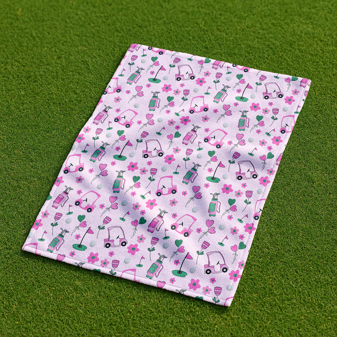 Pink Green Golf Towel With Golf Cart Doodle, Unique Gift For Golfer, Christmas Golf Gift, Golf Accessories