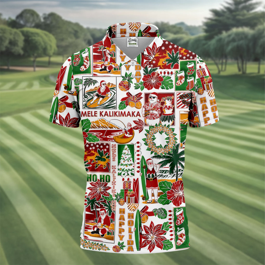 Men's Mele Kalikimaka Hawaiian Christmas Golf Shirt, Tropical Santa Holiday Golf Shirt, Golf Apparel For Men