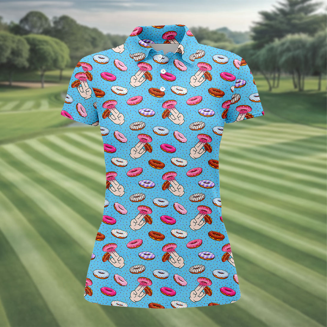 Finger Donuts Adult Humor Blue Golf Shirt, Fun Women's Golf Shirts, Women's Golf Tops, Golf Gift For Ladies