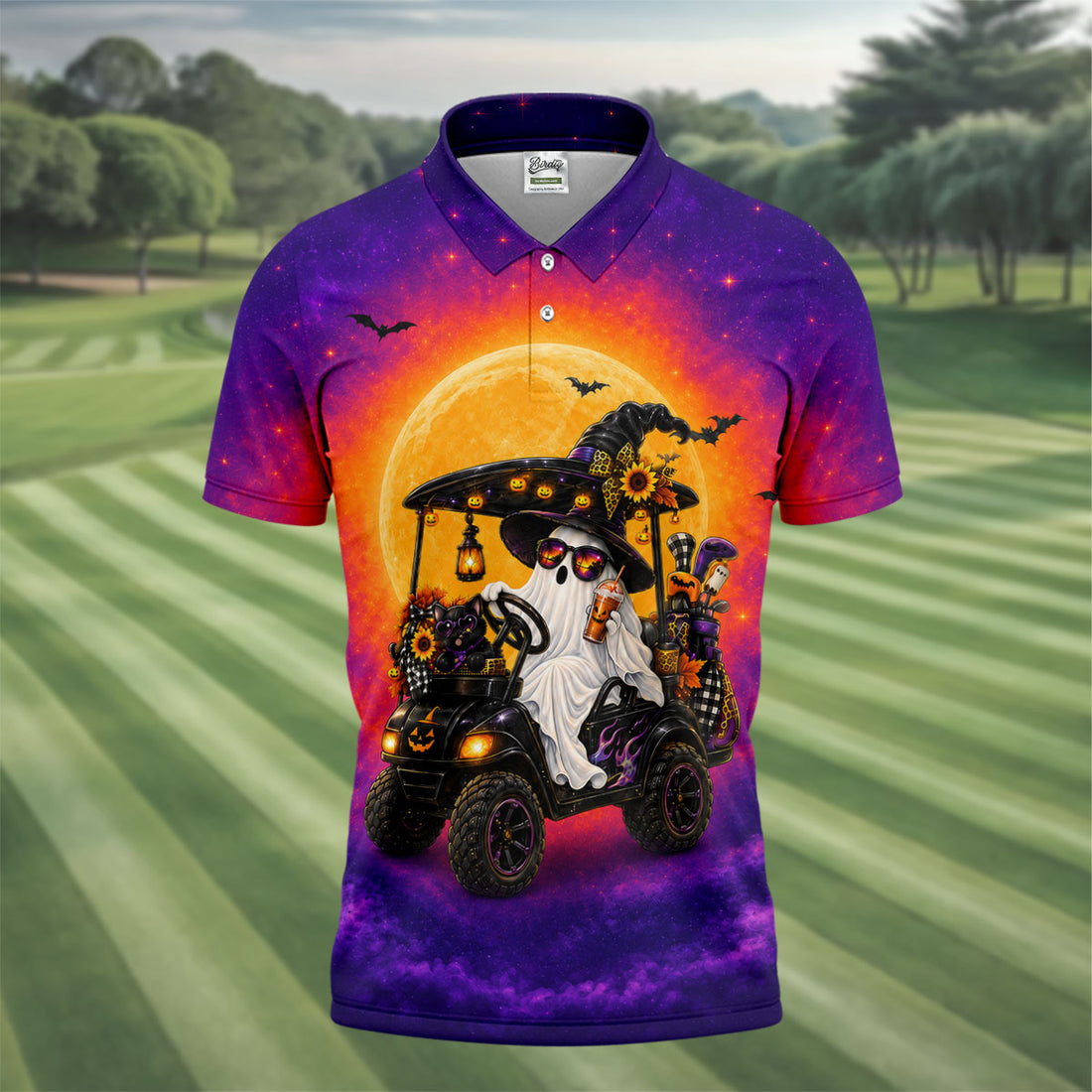 Funny Halloween Ghost Golf Cart Polo Shirt, Polo Shirts For Men, Mens Golf Shirts