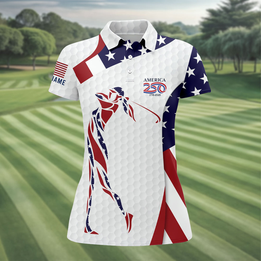 America 250 Golfer Pose Golf Ball Pattern 4th Of July Golf Shirt, Patriotic Golf Shirt, Golf Shirt For Women