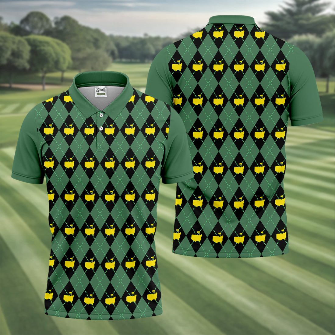 Green and Black Classic Argyle Golf Tops For Men, Mens Golf Polo Shirts, Golfing Apparel