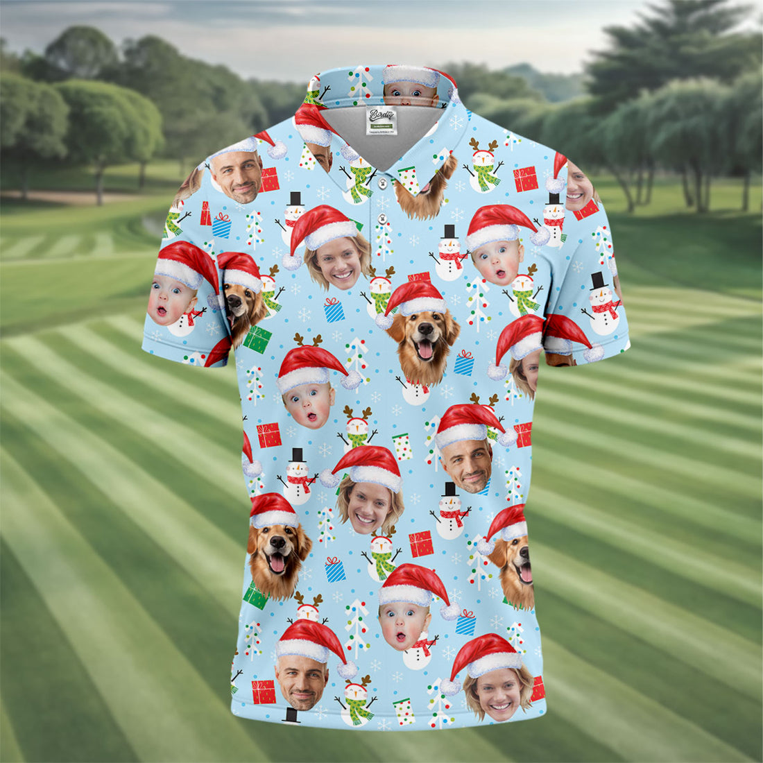 Custom Face Cute Snowman Pastel Blue Christmas Golf Shirt, Polo Shirts For Men, Golf Gift For Men