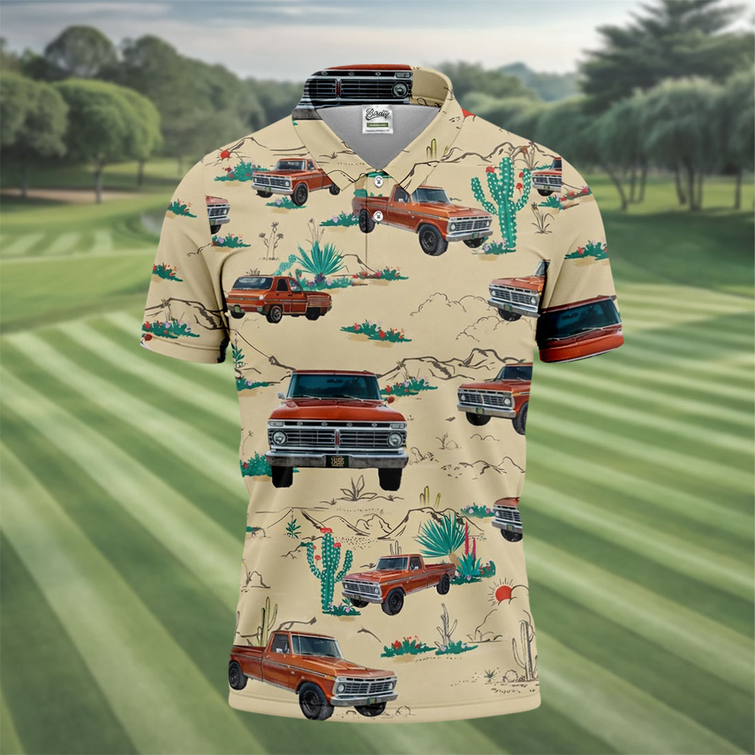 Personalized Pickup Truck Golf Shirt, Southwestern Desert Cactus Pattern, Golf Shirt For Men