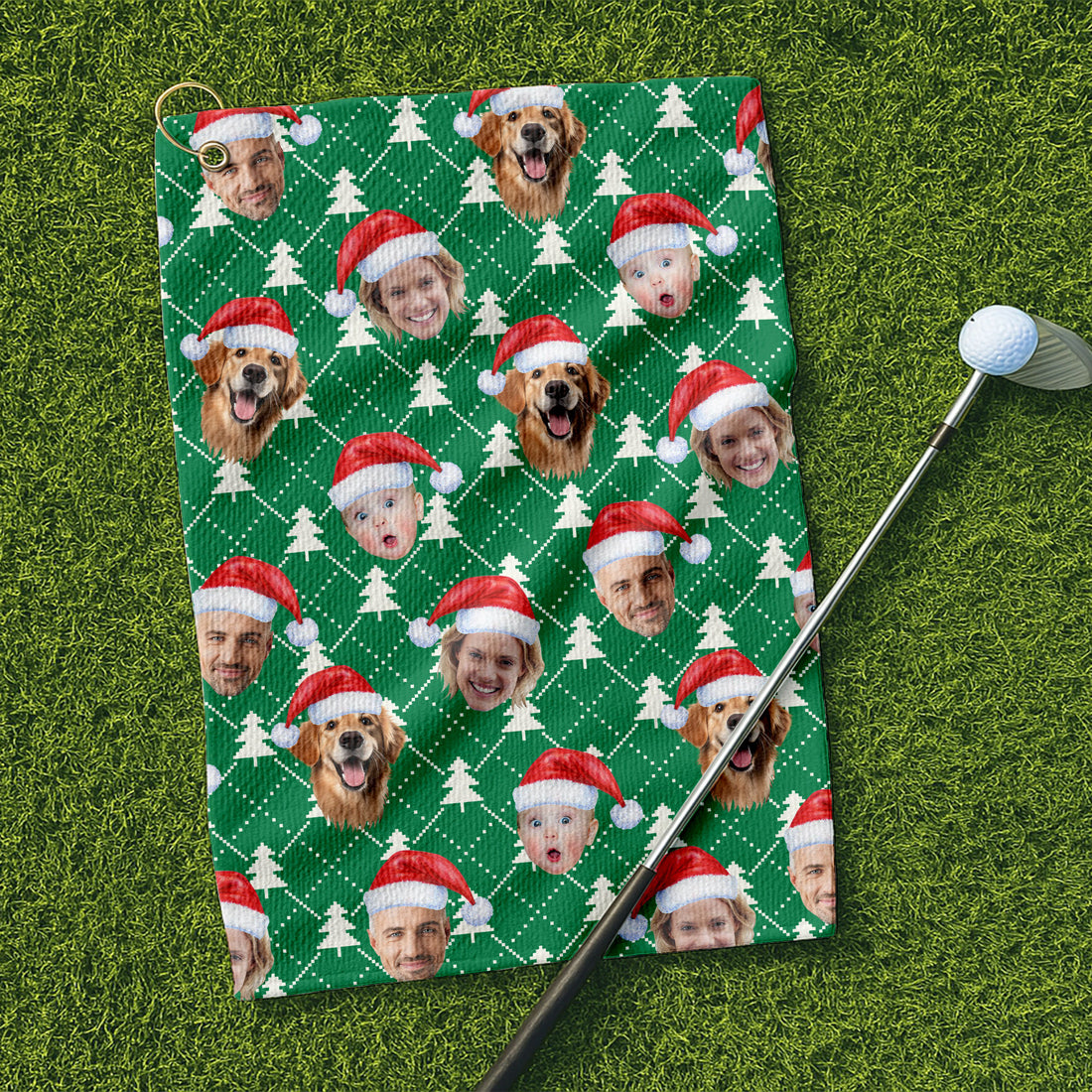 Custom Face Snow Pine Tree White Dotted Golf Towels, Christmas Golf Gift, Custom Golf Accessories