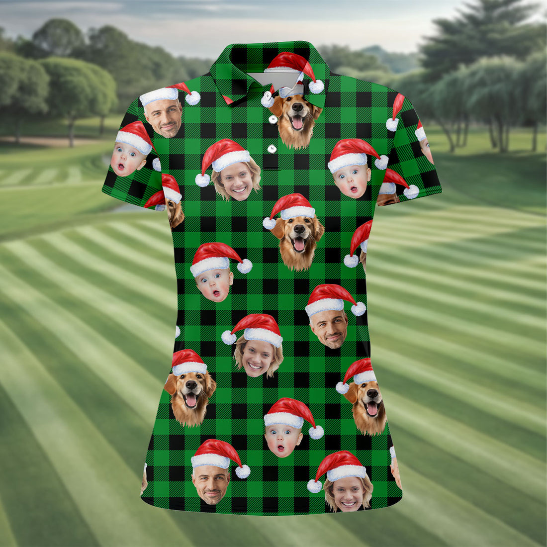 Custom Face Green Buffalo Plaid Christmas Golf Shirt, Ladies Golf Tops, Golf Gifts For Women