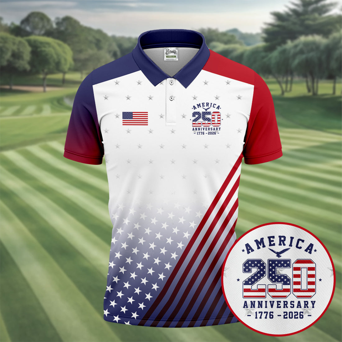 America 250 Anniversary 1776-2026 Flag Logo Golf Shirts For Men, Patriotic 4th Of July Golf Shirt