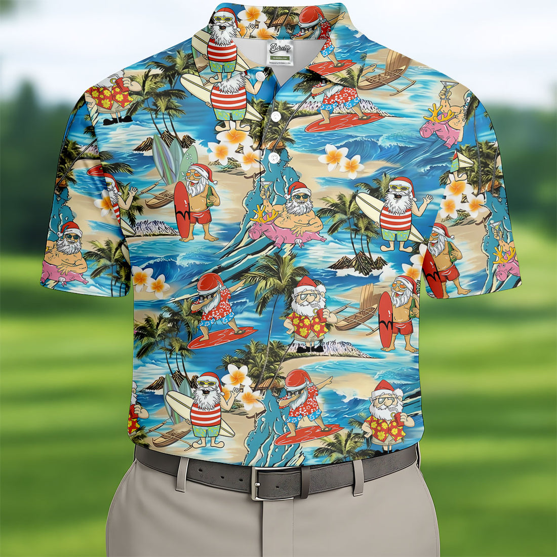 Men's Tropical Santa Surf Vacation Golf Shirt, Christmas Golf Shirt, Golf Apparel For Men