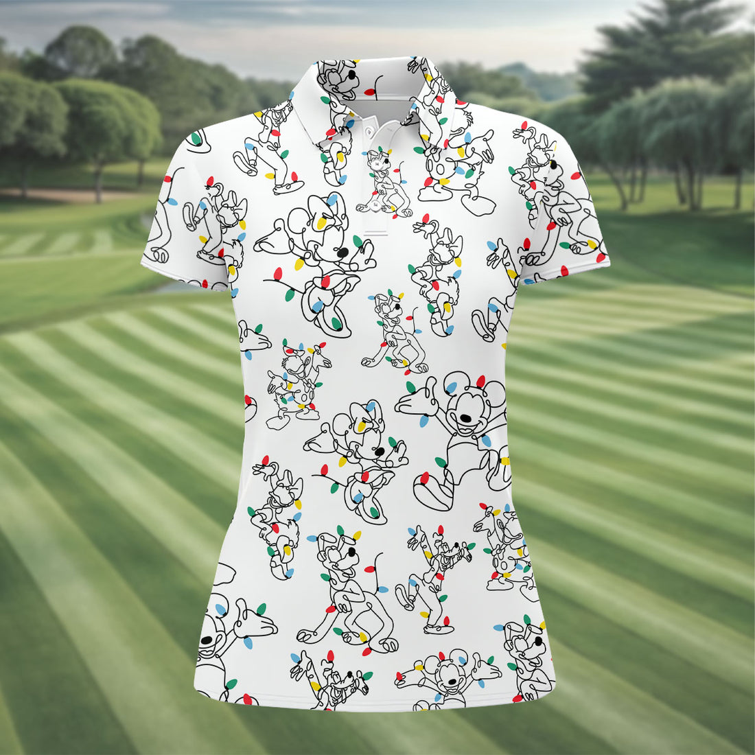 Happy Cartoon Characters Xmas Golf Shirt, Women's Golf Shirts, Golf Gifts For Women, Christmas Golf Shirt