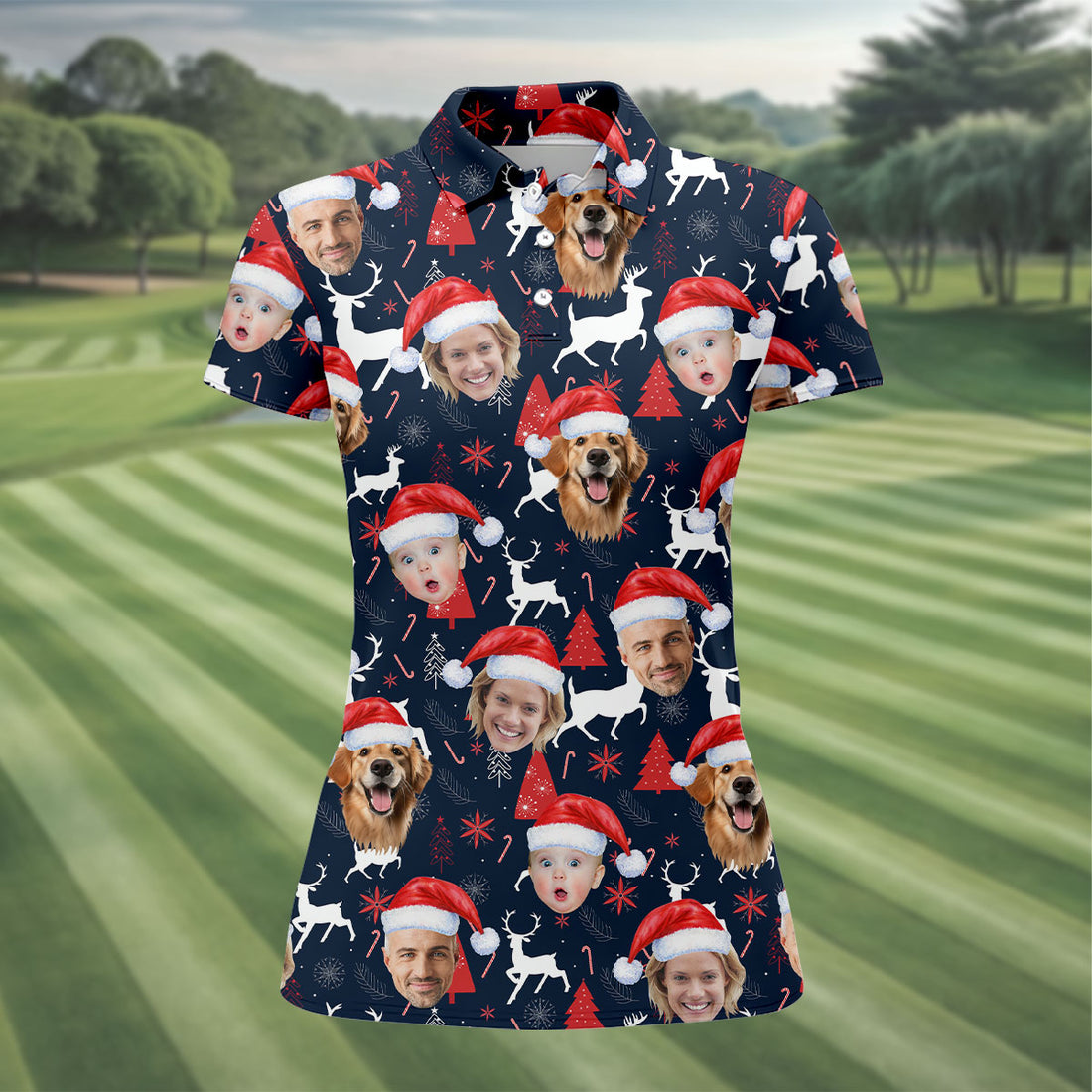 Custom Face Red And Navy Seamless Pattern Christmas Golf Shirt, Ladies Golf Shirts, Golf Gifts For Women