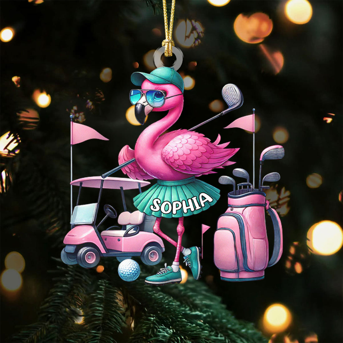 Custom Name Flamingo Golfing Acrylic Ornament, Golf Christmas Ornaments, Christmas Golf Gift