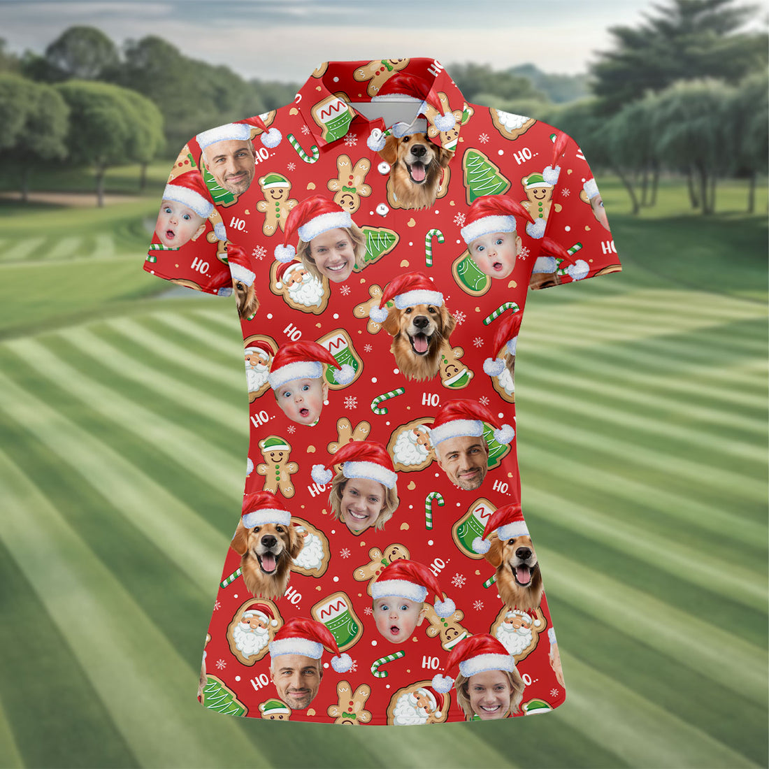Custom Face Ho... Gingerbread Pattern Red Golf Shirt, Christmas Golf Shirt, Women's Golf Tops, Golf Gift For Ladies