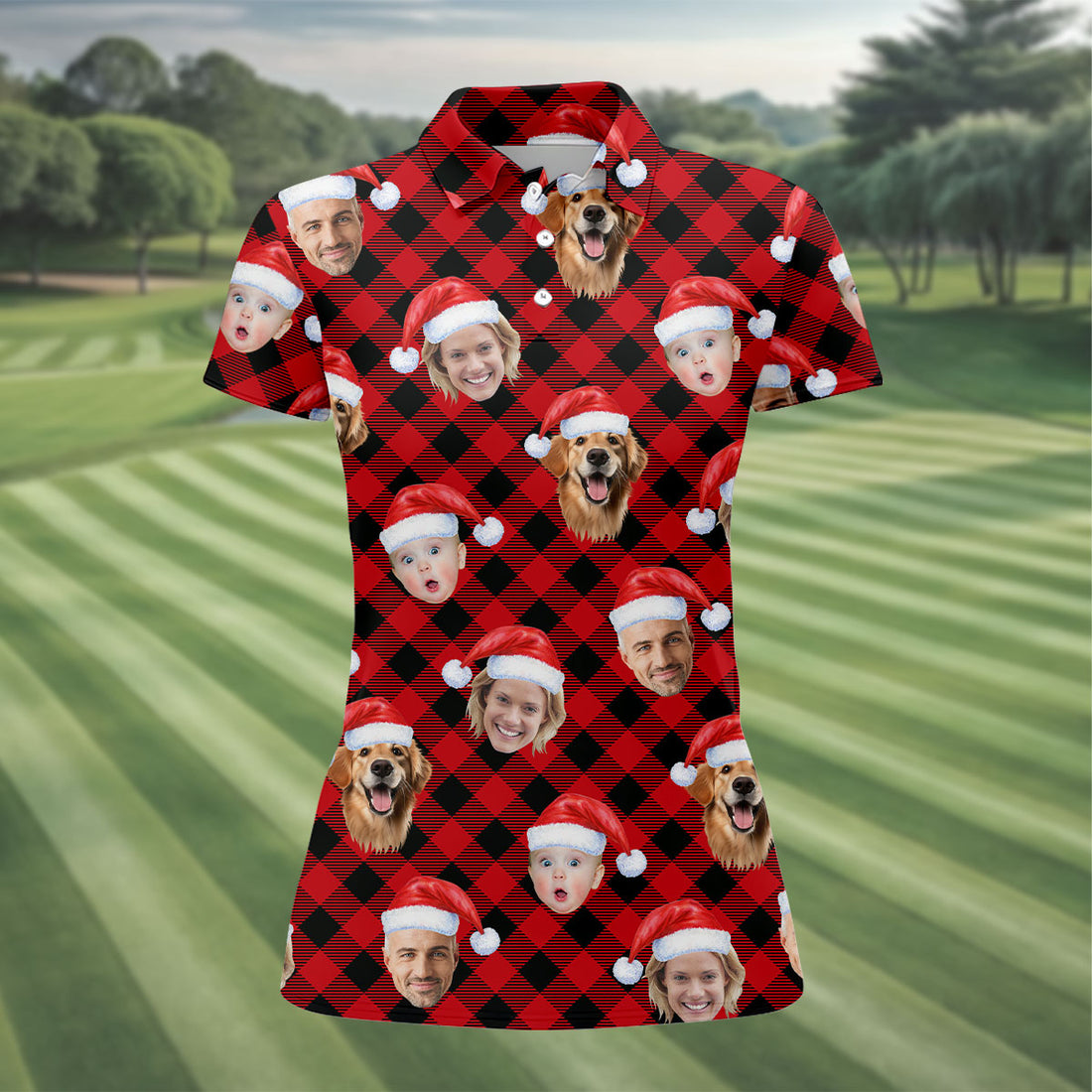 Custom Face Red And Black Checkered Christmas Golf Shirt, Women's Golf Tops, Ladies Golf Shirts