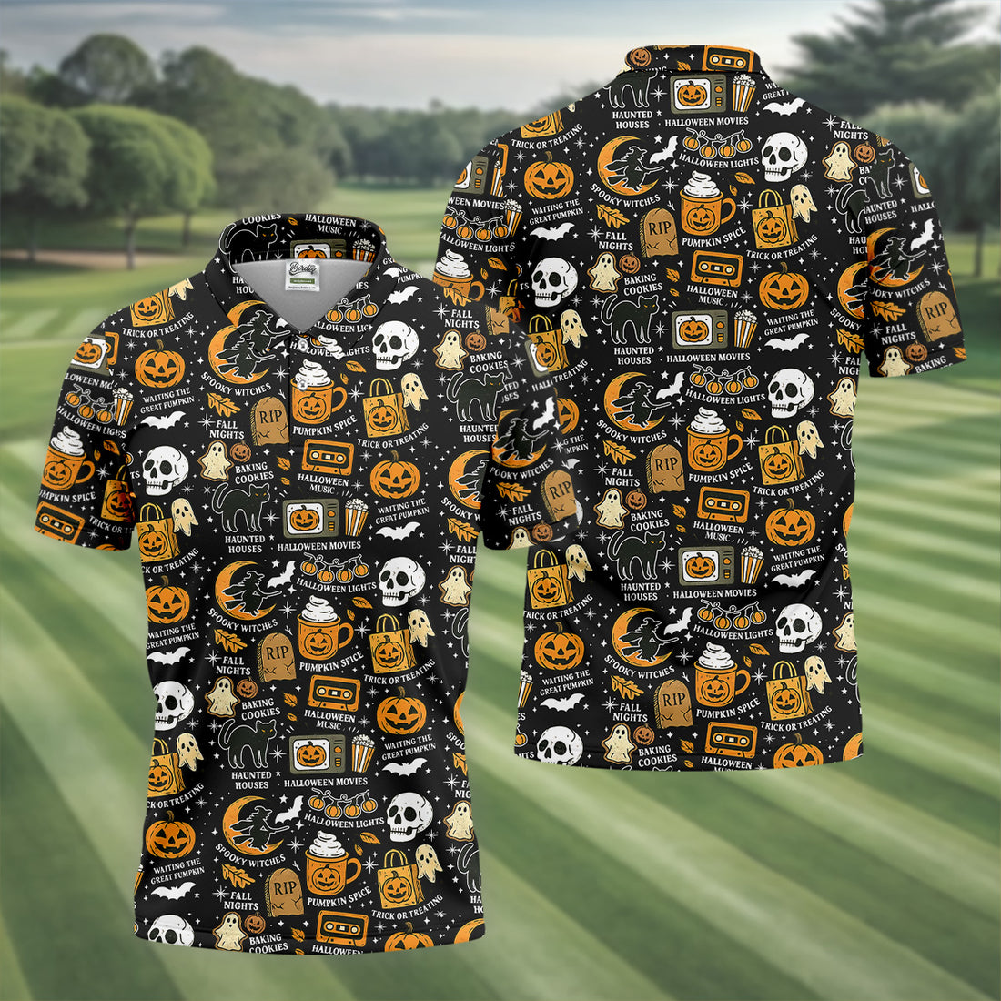 Vintage Halloween Spooky Witches Golf Polo Shirts, Halloween Theme Shirts, Ghost Pumpkin, Fun Golf Shirts For Mens