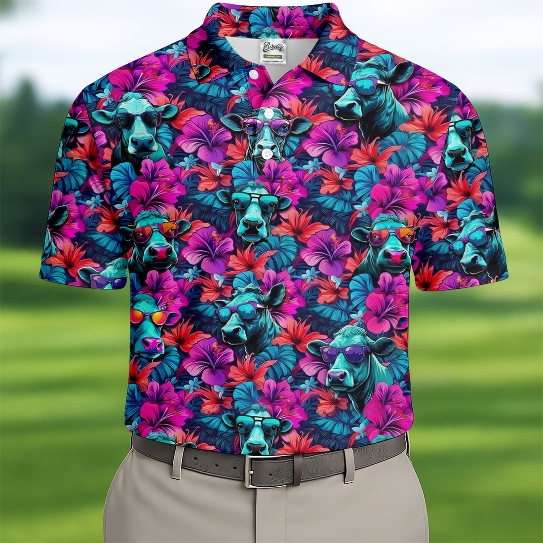 Funny Cow Wearing Sunglasses Tropical Golf Polo Shirt, Hawaiian Golf Shirt, Golf Shirts For Men