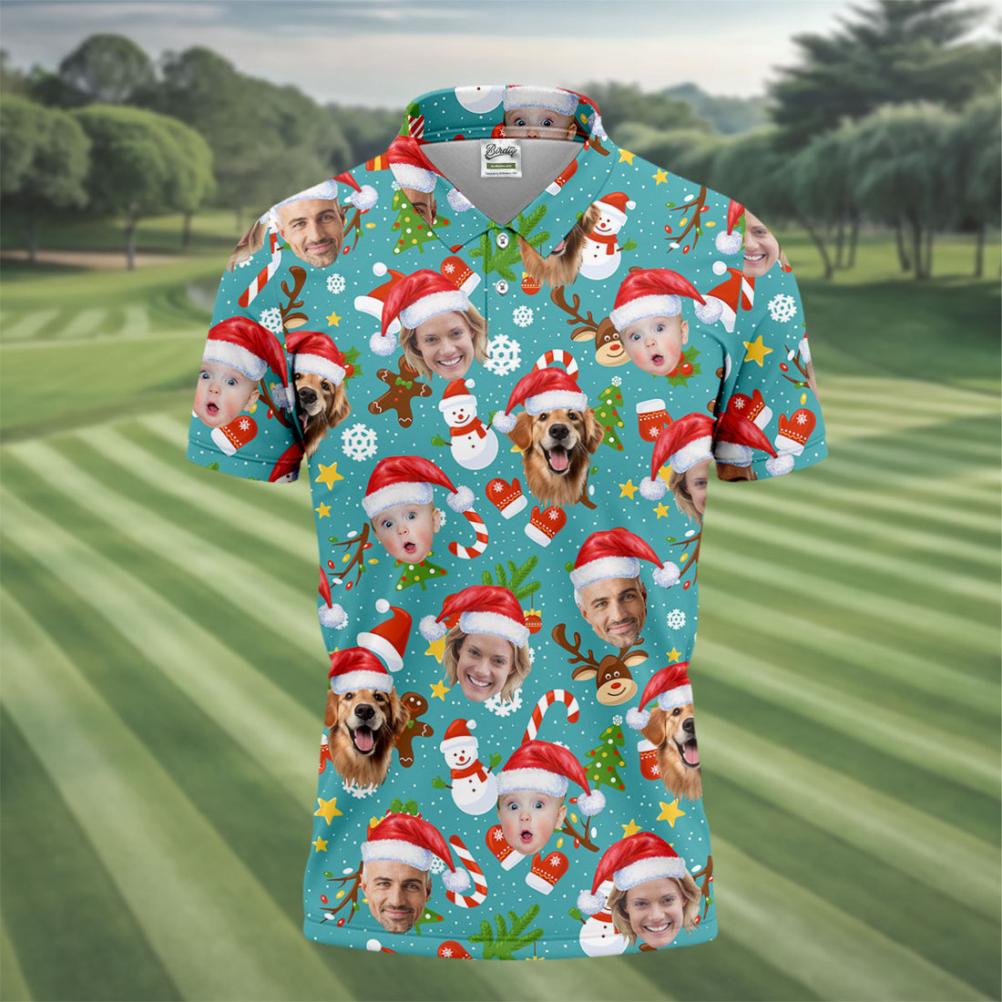 Custom Face Cute Christmas Pattern Teal Golf Shirt, Christmas Golf Shirt, Golf Gift For Men, Golf Shirts For Men