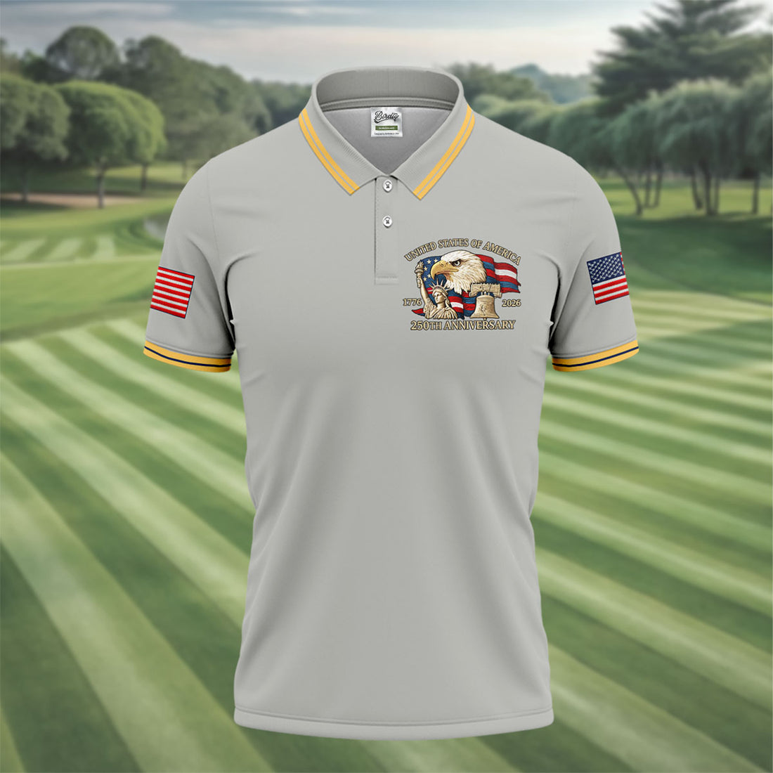 Bald Eagle American Flag 250 Years Grey Golf Shirt, Patriotic 4th Of July Golf Shirts For Men
