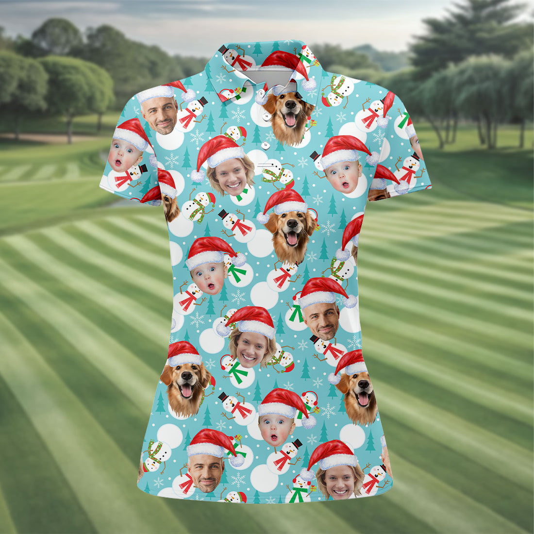 Custom Face Cute Snowman Ice Blue Christmas Golf Shirt, Ladies Golf Tops, Golf Gifts For Women