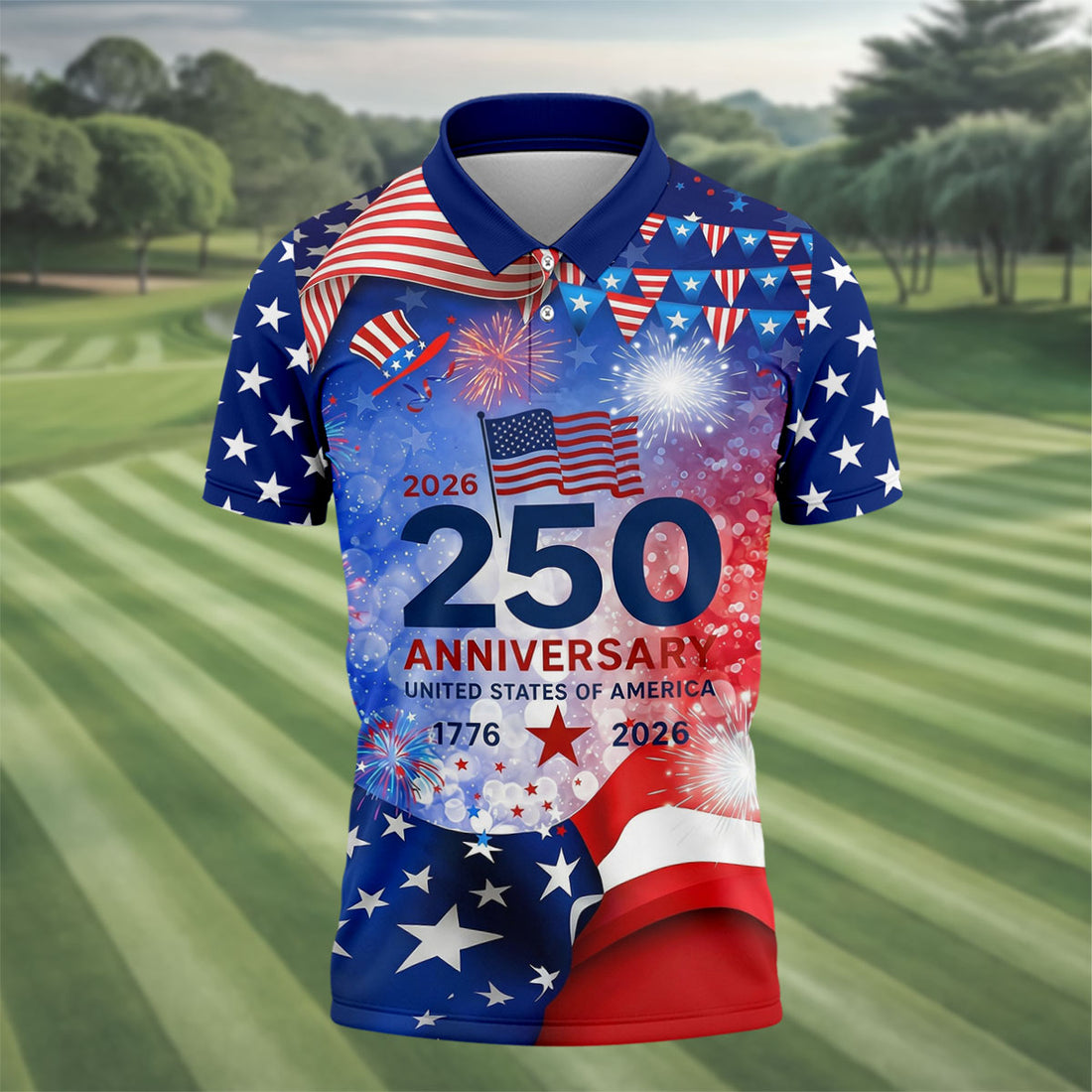 American Flag Fireworks Men's 250 Years USA Patriotic Golf Shirt, 4th of July Golf Shirt