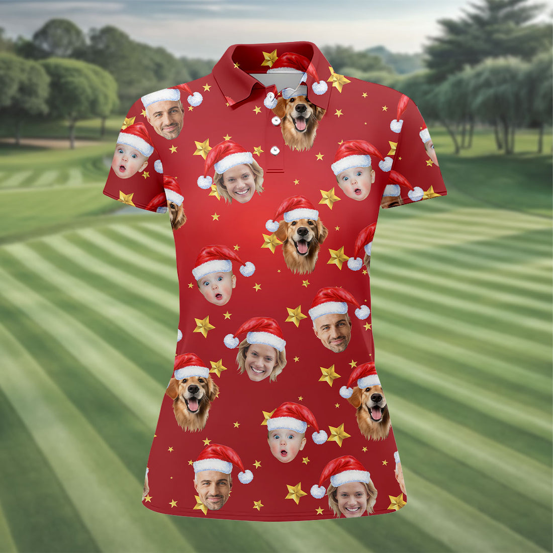Custom Face Xmas Star Red Golf Shirt, Christmas Golf Shirt, Ladies Golf Tops, Golf Gifts For Women