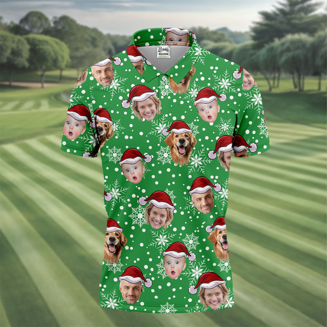 Custom Face Light Green Christmas Golf Tops For Men, Polo Shirts For Men, Christmas Golf Gift