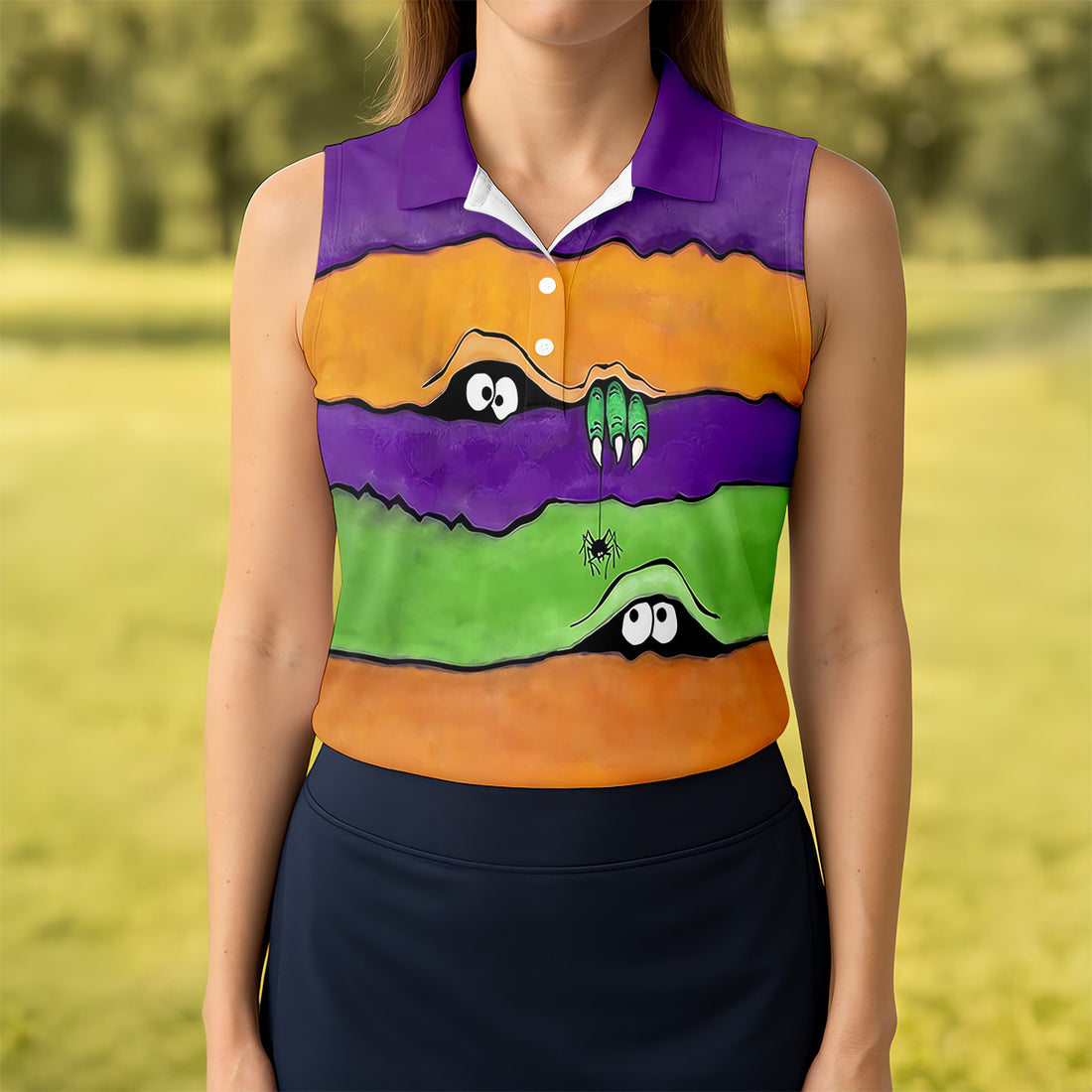 Funny Halloween Peeping Eyes Ladies Golf Polos, Women's Golf Tops, Halloween Golf Shirt