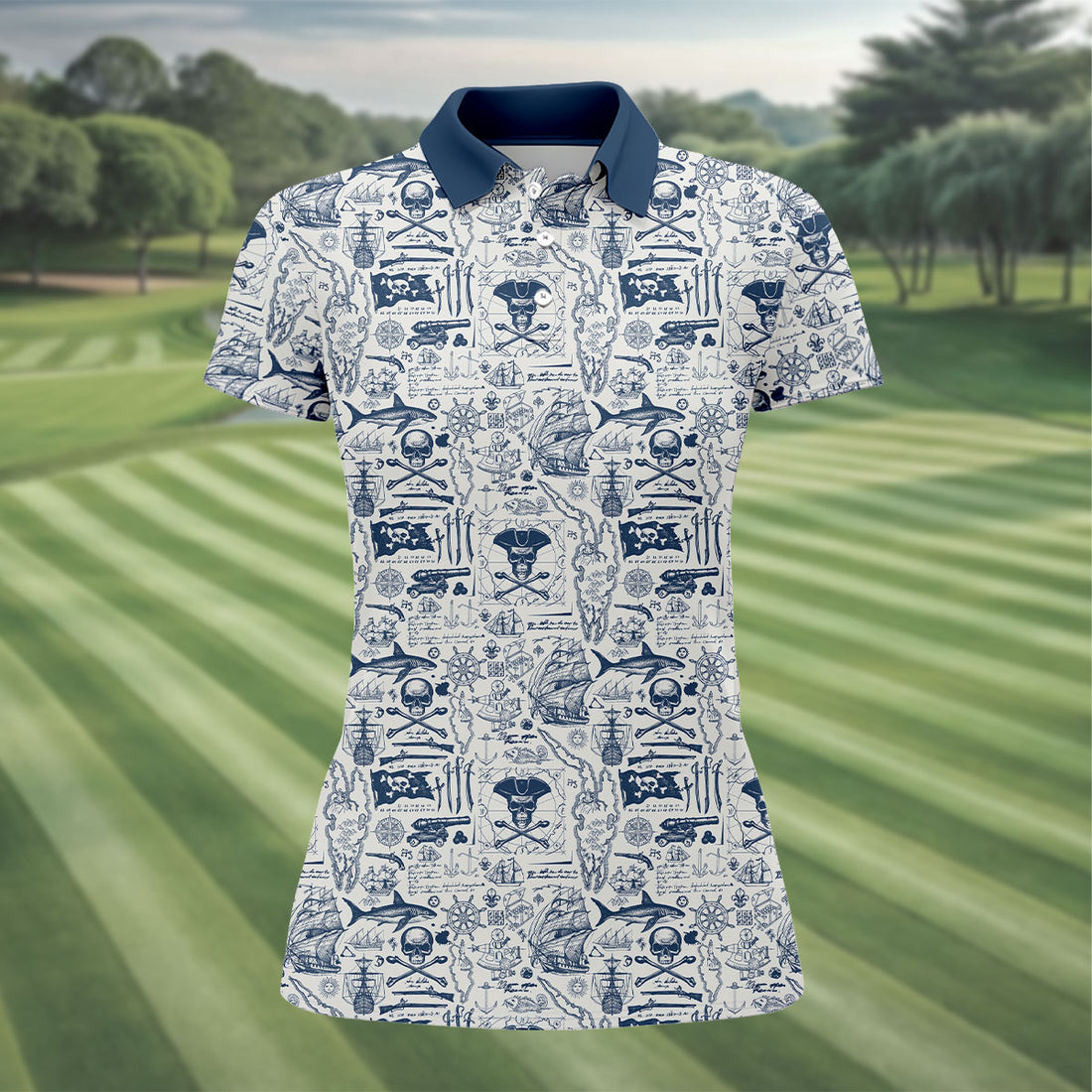 Skull Pirate Ocean Adventure Vintage Golf Shirt, Ladies Golf Tops, Golf Shirt For Women