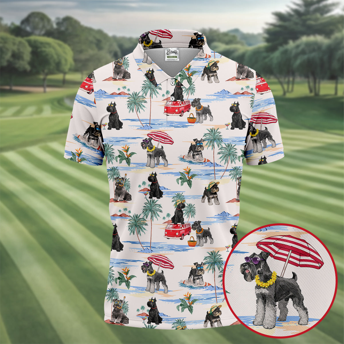 BirdieTee Schnauzer Hawaiian golf polo shirt front detail