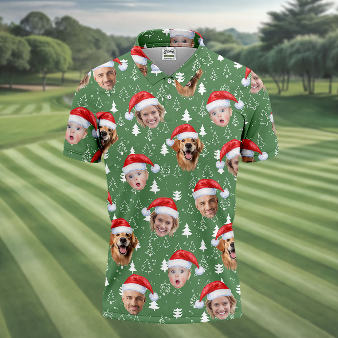 Custom Face Xmas Pine Tree Green Golf Shirt, Christmas Golf Shirt, Golf Gift For Men, Golf Shirts For Men