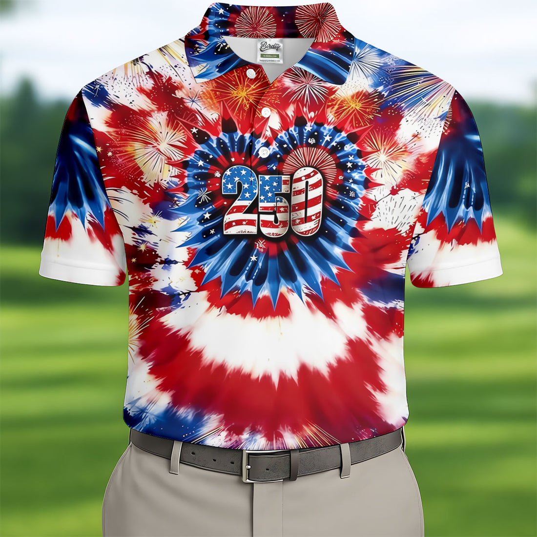 250 Years Red White Blue Tie Dye Print Patriotic Golf Shirt, 4th Of July Golf Shirts For Men
