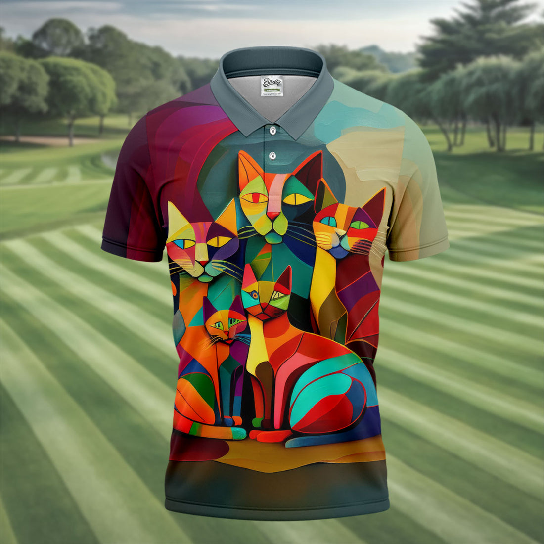Abstract Colorful Cat Golf Polo Shirt, Men's Golf Shirt, Hawaiian Golf Shirt