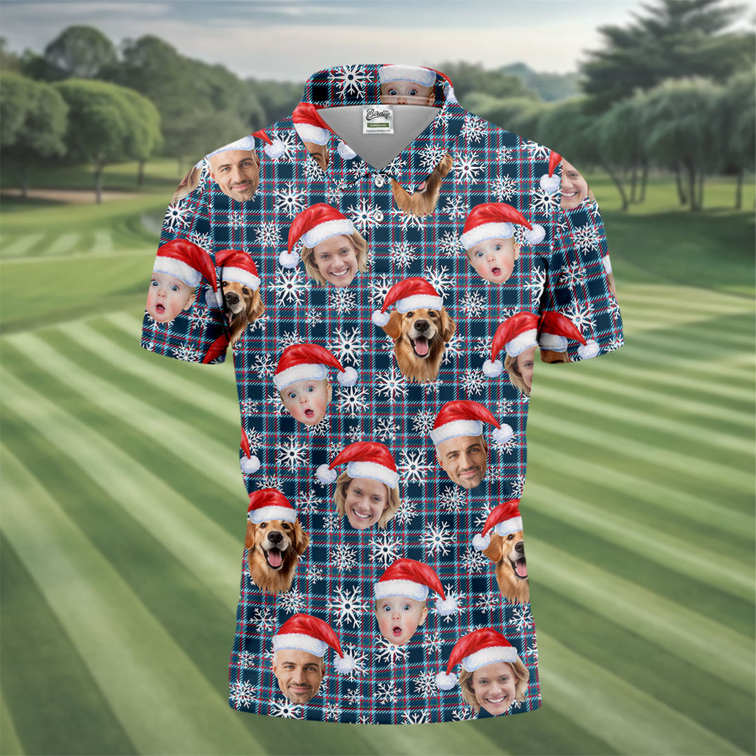 Custom Face Red And Blue Plaid Snowflakes Print Christmas Golf Shirt, Golf Gift For Men, Golf Shirts For Men
