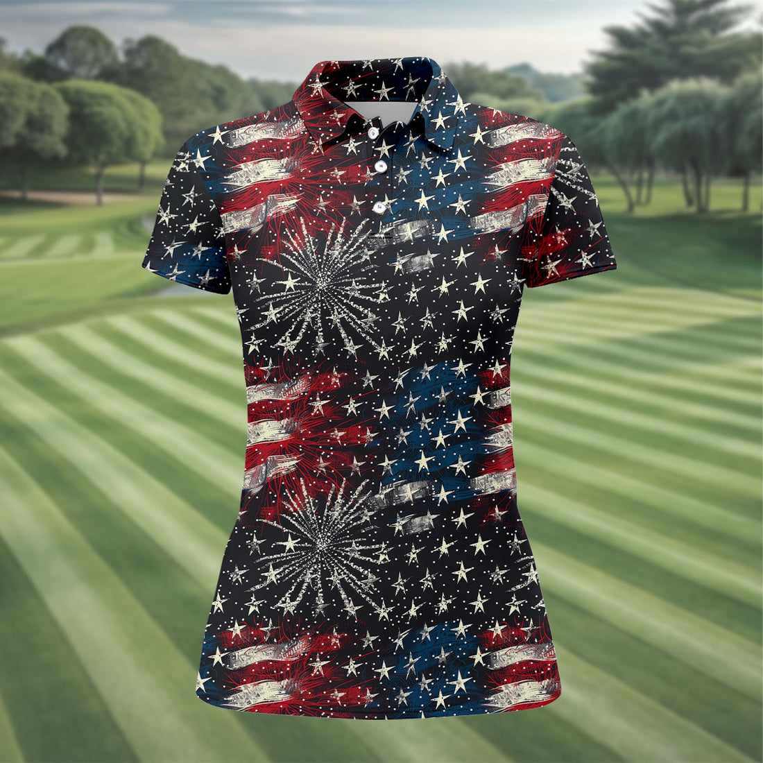 Patriotic American Flag Distressed Color Women Golf Top, 250th Anniversary Ladies Golf Shirts