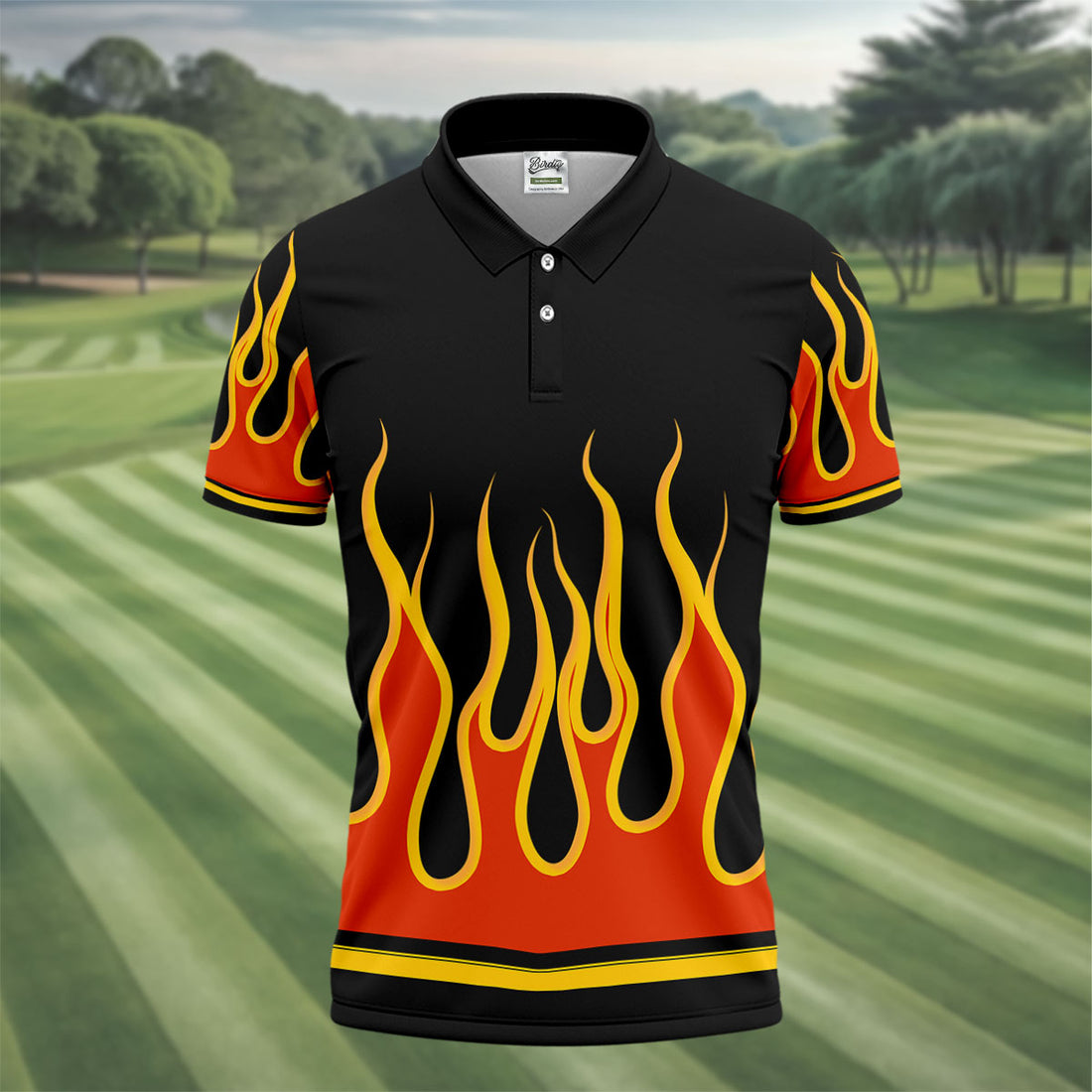 Black Orange Yellow Flame Sleeve Golf Shirt, Mens Golf Polo, Printed Golf Shirts