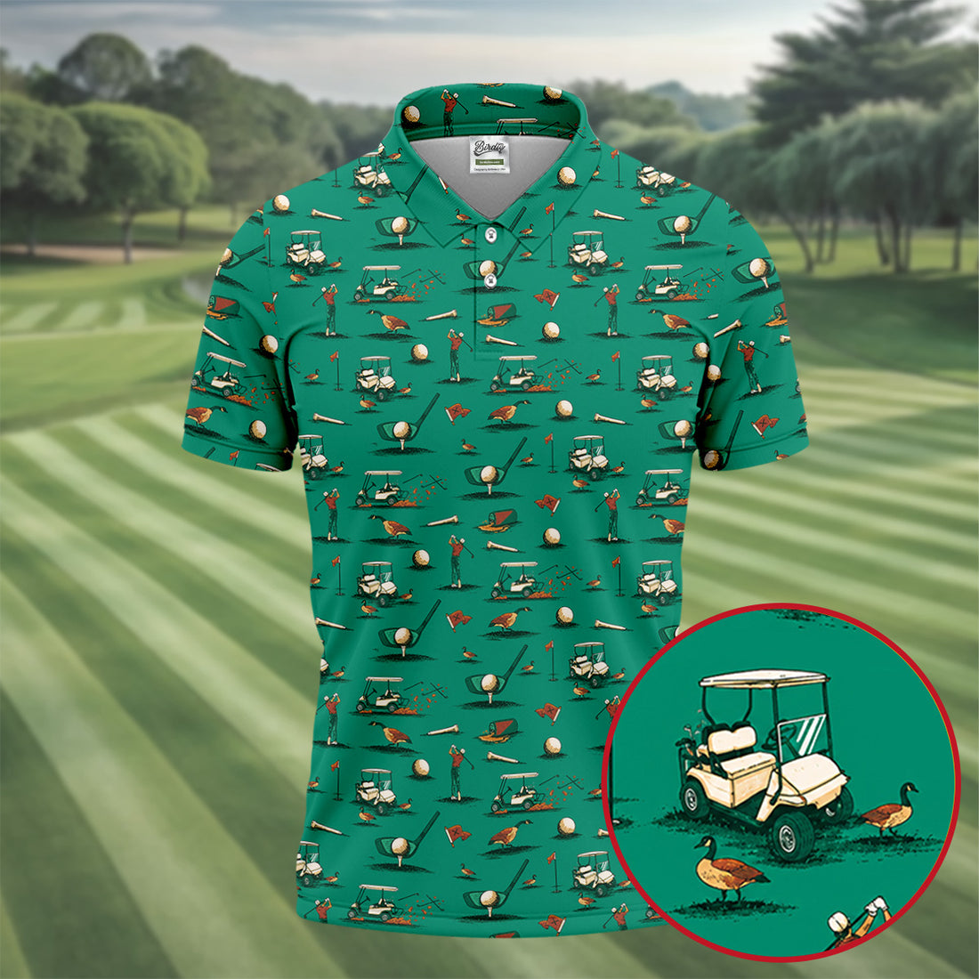 Funny Goose Golf Cart Pattern Green Polo Shirt, Men's Golf Shirt, Mens Golf Apparel