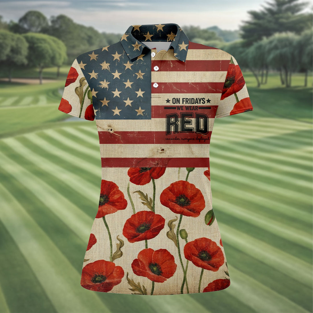 On Fridays We Wear RED Poppies US Flag Golf Shirts, 250 Years Patriotic Golf Shirt For Women