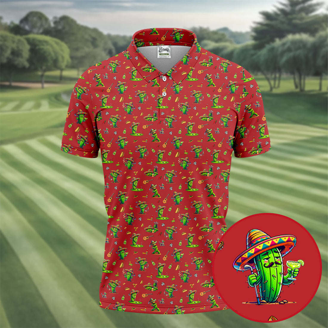 Cartoon Mustach Funny Cactus Cinco De Mayo Celebration Fiesta Themed Red Golf Shirts For Men