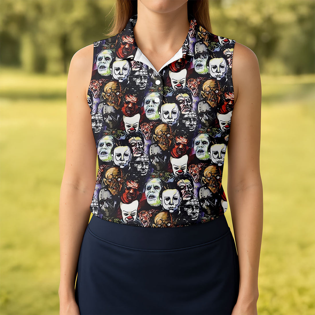 Horror Character Movie Villain Collage Golf Polo Shirt, Women's Golf Polo, Ladies Golf Shirts