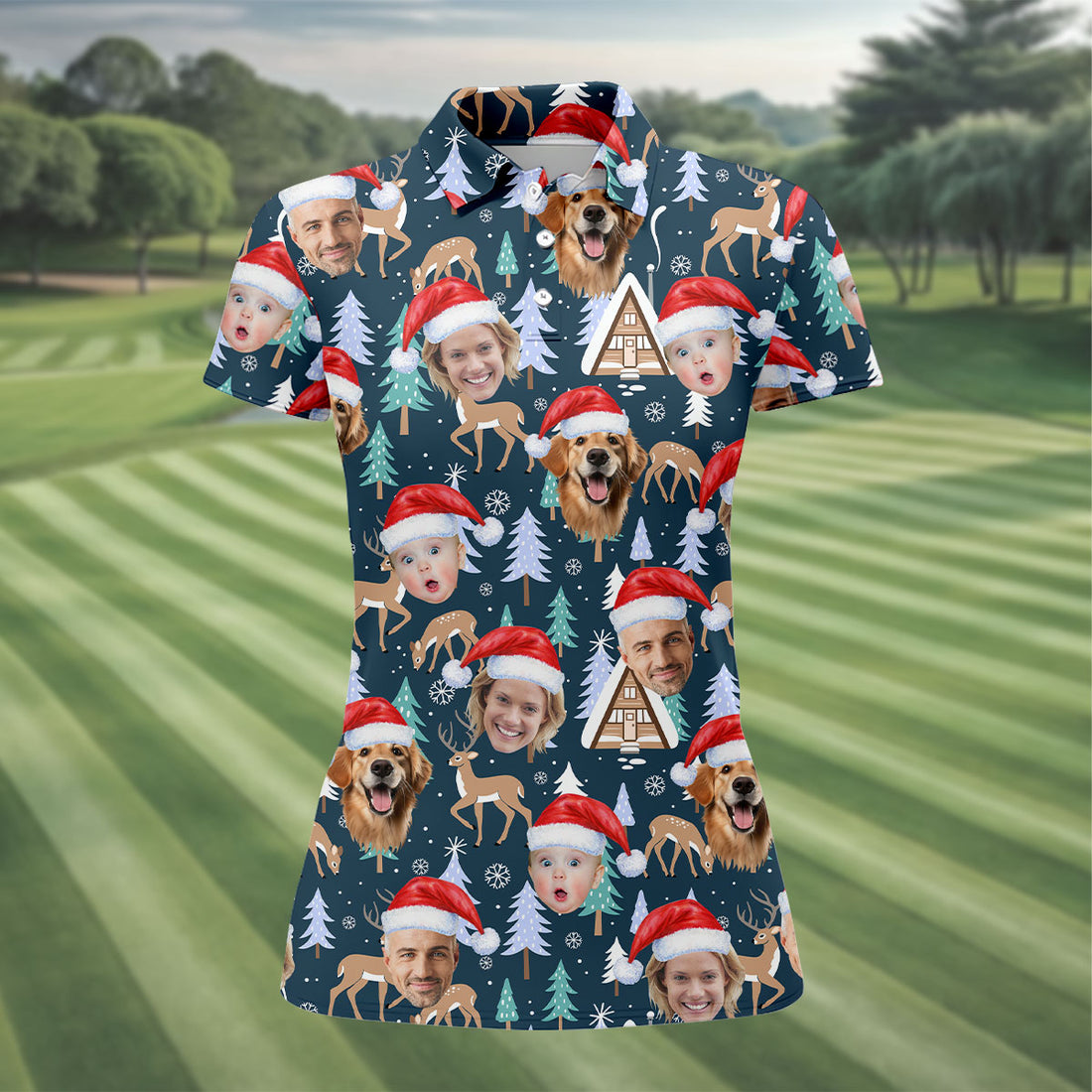 Custom Face Pine Tree Reindeer Dark Teal Green Christmas Golf Shirt, Golf Gifts For Women