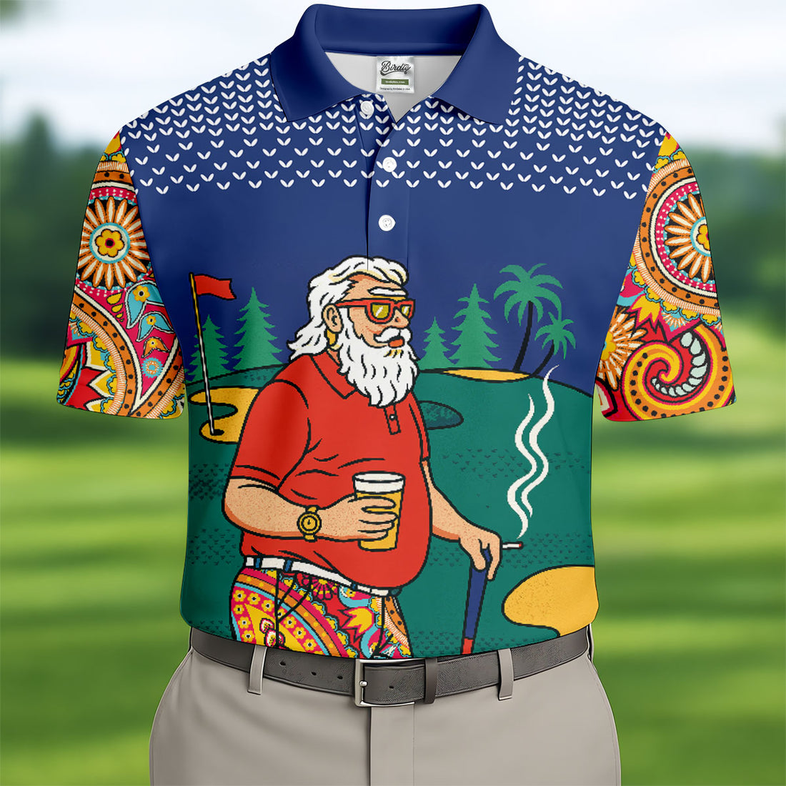 Funny Retro Golfer Drinking Beer Paisley Polo Shirt, Mens Golf Shirts, Golf Apparel For Men