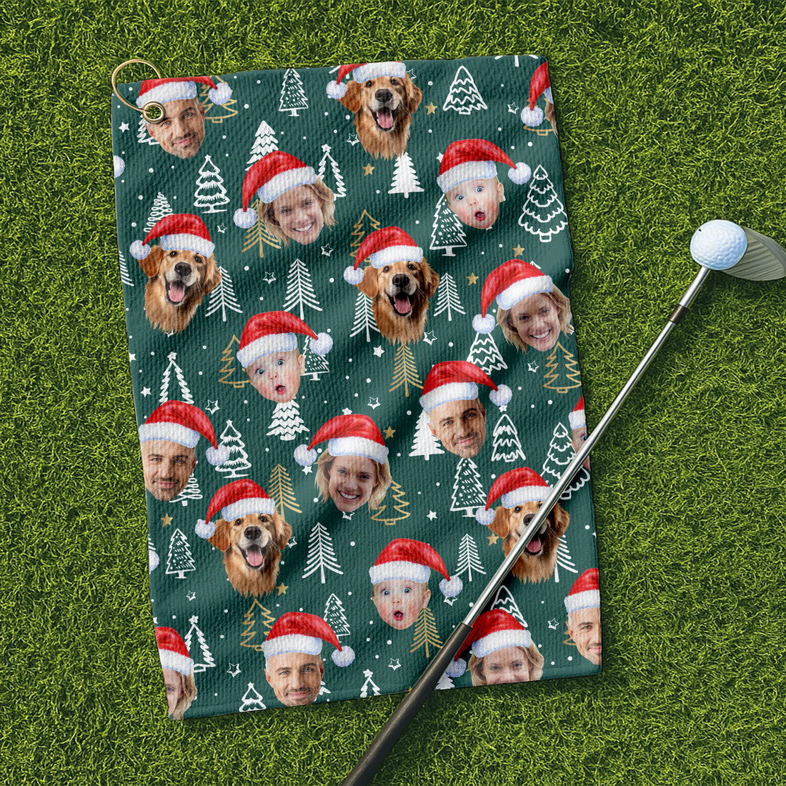 Custom Face Pine Tree Pattern Dark Green Golf Towels, Christmas Golf Gift, Custom Golf Accessories